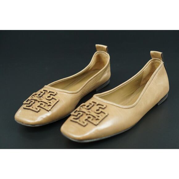Tory Burch Ines Ballet Flat Leather Size 7.5 Square Toe Logo Tan Almond Rare - Picture 5 of 9
